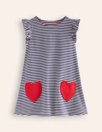 Mini Boden Kids' Heart Pocket Frill Tunic College Navy/ Ivory Hearts Girls Boden In Blue