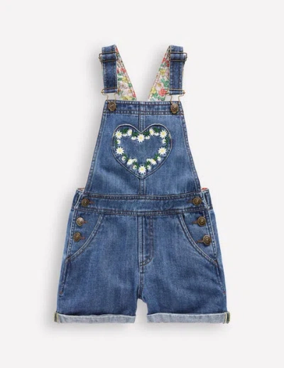 Mini Boden Kids' Heart Pocket Short Dungarees Vintage Embroidered Daisy Girls Boden