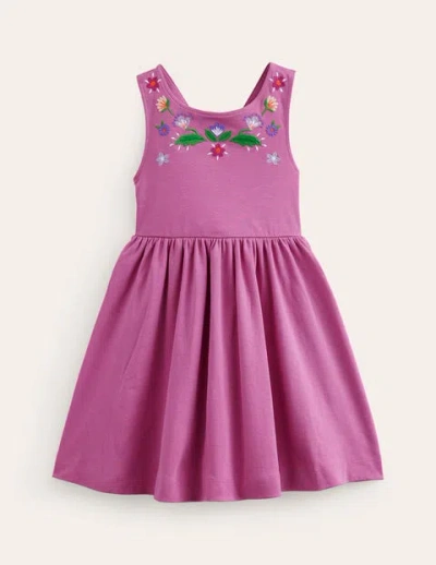Mini Boden Kids' Jersey Cross-back Dress Salmon Pink Embroidery Girls Boden