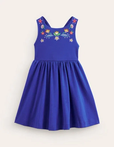 Mini Boden Kids' Jersey Cross-back Dress Sapphire Blue Embroidery Girls Boden