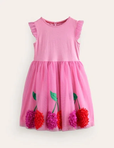 Mini Boden Kids' Jersey Tulle Appliqué Dress Pink Cherries Girls Boden