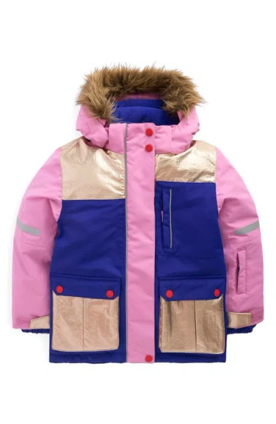 Mini Boden Kids' All Weather Faux Fur Trim Hooded Waterproof Coat In Pink