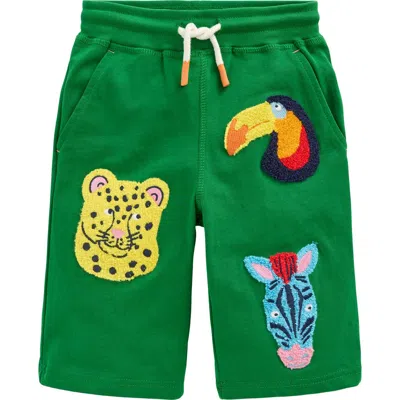 Mini Boden Kids' Animal Appliqué Cotton Knit Shorts In Highland Green Jungle Animals