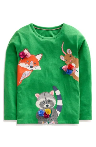 Mini Boden Kids' Animal Appliqué Long Sleeve Cotton Graphic T-shirt In Iguana Green Woodland Animals