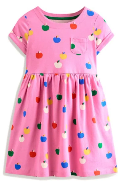 Mini Boden Kids' Apple Print Cotton Jersey Dress In Cosmos Pink Rainbow Apples