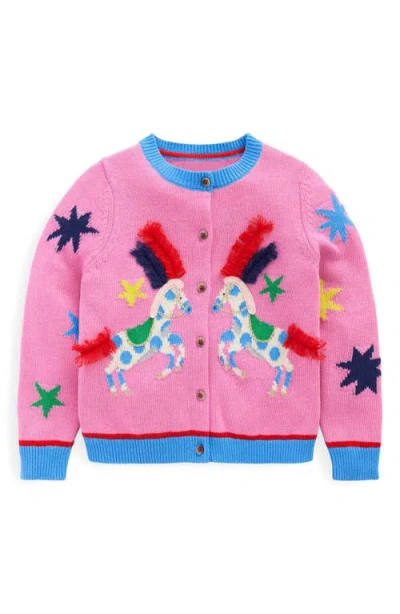 Mini Boden Kids' Appliqué Horse Intarsia Cotton Cardigan In Vintage Mauve Circus Horses