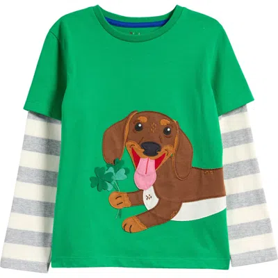 Mini Boden Kids' Appliqué Mock Sleeve T-shirt In Sapling Green St Paddys Dog