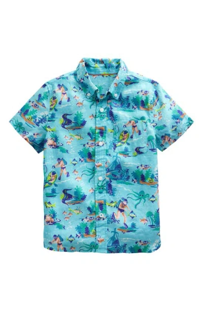 Mini Boden Kids' Aquatic Print Short Sleeve Linen & Cotton Button-down Shirt In Aqua Sea Diver