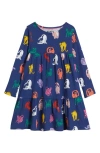 Mini Boden Kids' Ariel Twirly Cat Print Long Sleeve Cotton Jersey Dress In Blue