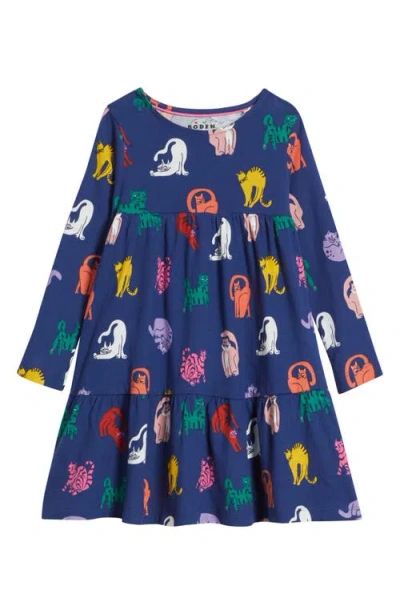Mini Boden Kids' Ariel Twirly Cat Print Long Sleeve Cotton Jersey Dress In Blue