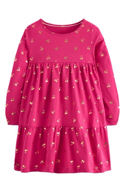 Mini Boden Kids' Ariel Twirly Cherry Foil Print Long Sleeve Cotton Jersey Dress In Pink