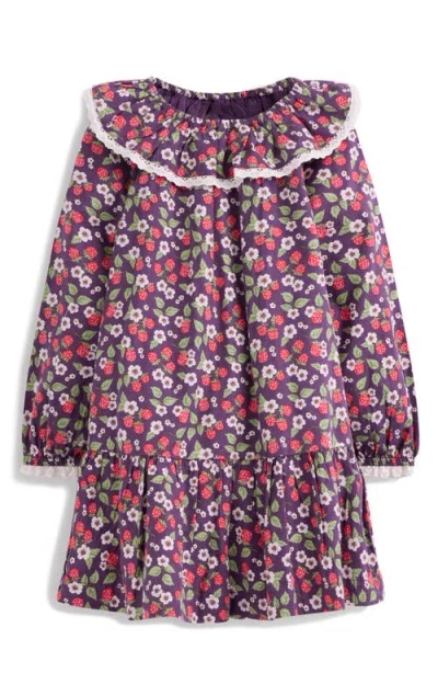 Mini Boden Kids' Berry Print Long Sleeve Cotton Ruffle Collar Dress In Pink