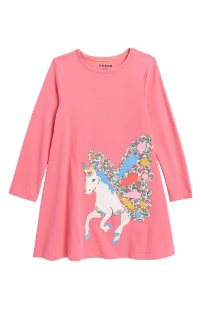 Mini Boden Kids' Big Appliqué Long Sleeve Dress In Pink