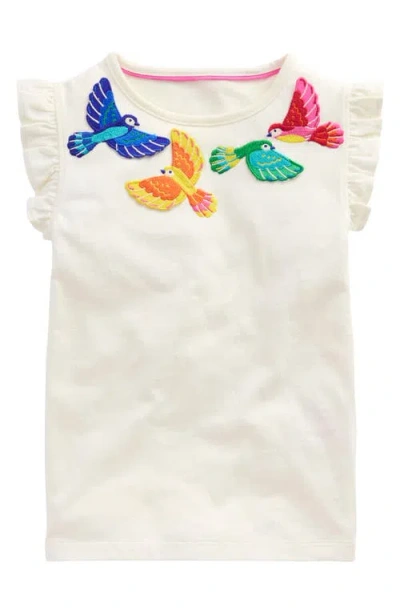 Mini Boden Kids' Bird Appliqué Ruffle Sleeve Cotton Graphic T-shirt In Ivory Birds