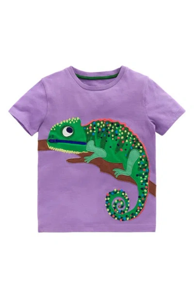 Mini Boden Kids' Chameleon Appliqué Zip Detail Cotton Graphic T-shirt In Purple