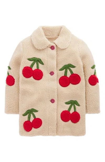 Mini Boden Kids' Cherry Appliqué Fleece Button-up Coat In Neutral