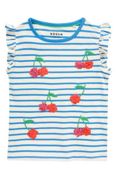 Mini Boden Kids' Cherry Ruffle Trim Shirt In Vanilla Pod/ Cabanna Blue