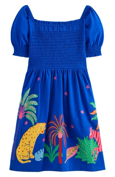Mini Boden Kids' Clare Rain Forest Appliqué Smocked Cotton Dress In Blue