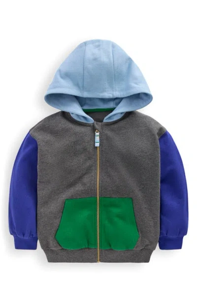 Mini Boden Kids' Colorblock Cotton Zip-up Hoodie In Gray