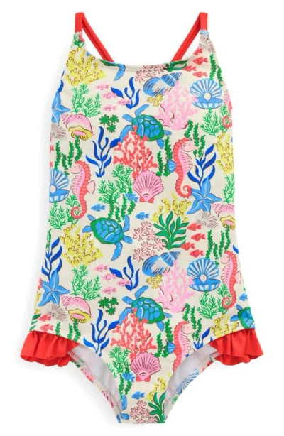 Mini Boden Kids' Contrast Ruffle One-piece Swimsuit In Multi Coral Cove