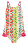 Mini Boden Kids' Crisscross Strap One-piece Swimsuit In Rainbow Fruit Stripe