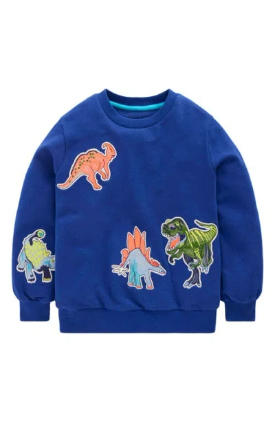 Mini Boden Kids' Dino Appliqué Cotton Graphic Sweathirt In Blue