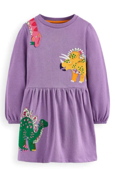 Mini Boden Kids' Dinosaur Appliqué Long Sleeve Cotton Sweatshirt Dress In Purple