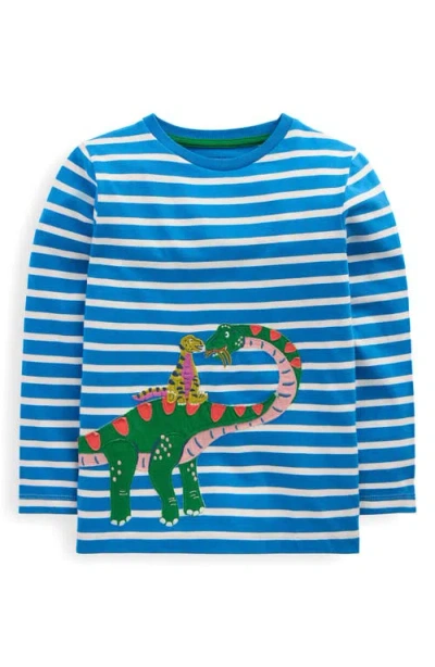 Mini Boden Kids' Dinosaur Appliqué Stripe Long Sleeve Cotton T-shirt In Blue