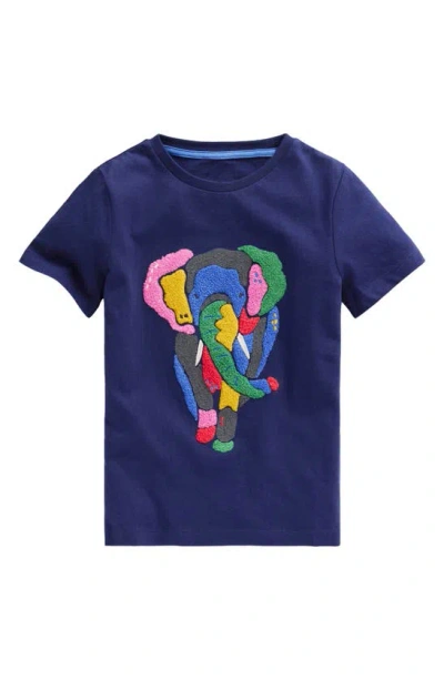 Mini Boden Kids' Elephant Bouclé Cotton T-shirt In College Navy Elephant