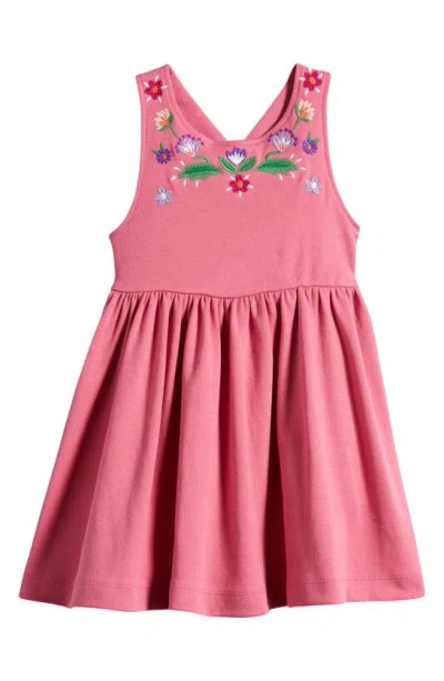 Mini Boden Kids' Embroidered Cotton Crossback Tank Dress In Salmon Pink Embroidery