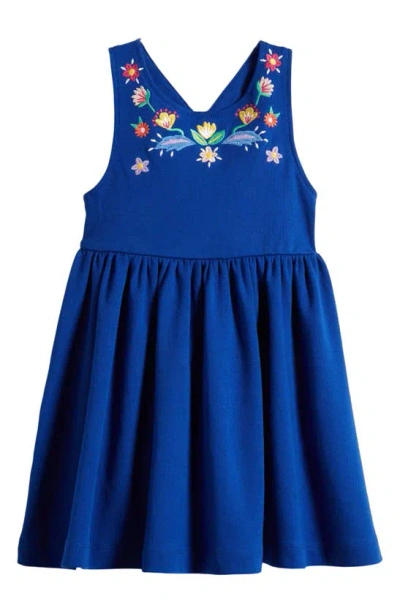 Mini Boden Kids' Embroidered Cotton Crossback Tank Dress In Sapphire Blue Embroidery