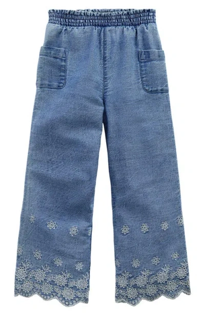 Mini Boden Kids' Embroidered Eyelet Border Wide Leg Denim Pants In Blue