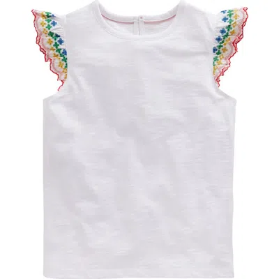 Mini Boden Kids' Embroidered Eyelet Flutter Sleeve Cotton T-shirt In White