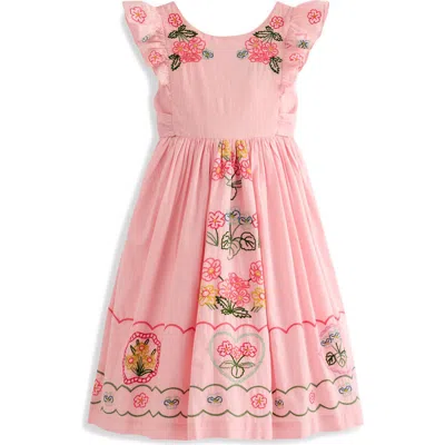 Mini Boden Kids' Embroidered Flutter Sleeve Cotton Midi Dress In Multi