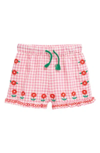 Mini Boden Kids' Embroidered Frill Hem Shorts In Pink/ Ivory Gingham