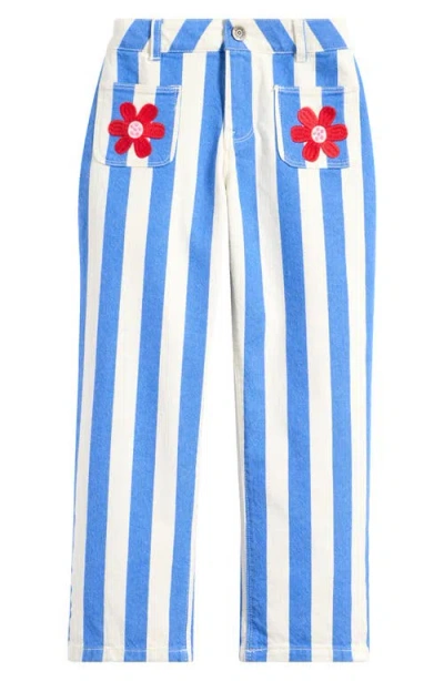 Mini Boden Kids' Embroidered Patch Pocket Pants In Peacock Plume Blue/ivory