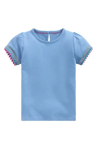 Mini Boden Kids' Embroidered Pom Trim Puff Sleeve Cotton T-shirt In Blue