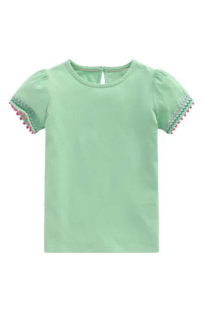 Mini Boden Kids' Embroidered Pom Trim Puff Sleeve Cotton T-shirt In Green