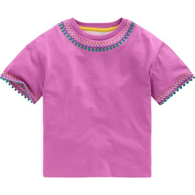Mini Boden Kids' Embroidered Pom Trim T-shirt In Purple