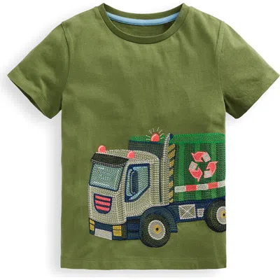 Mini Boden Kids' Embroidered Recycling Truck Cotton T-shirt In Green