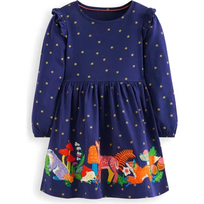 Mini Boden Kids' Embroidered Ruffle Appliqué Long Sleeve Cotton Jersey Dress In Blue
