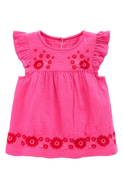 Mini Boden Kids' Embroidered Ruffle Cotton Gauze Top In Pink
