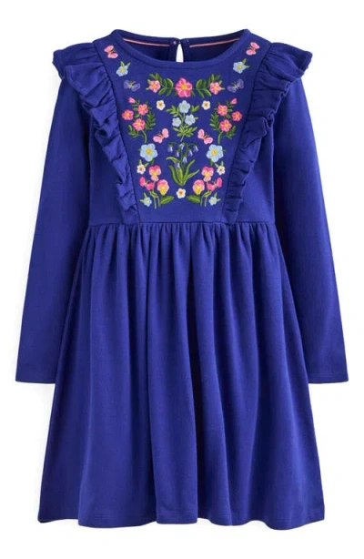 Mini Boden Kids' Embroidered Ruffle Long Sleeve Cotton Dress In Blue