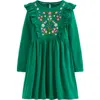 Mini Boden Kids' Embroidered Ruffle Long Sleeve Cotton Dress In Green