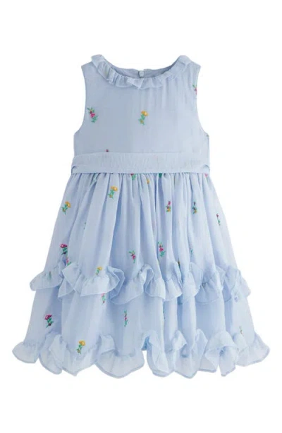 Mini Boden Kids' Embroidered Ruffle Tie Belt Party Dress In Blue
