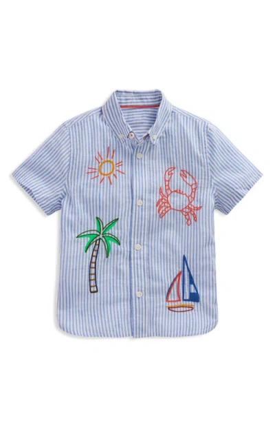 Mini Boden Kids' Embroidered Short Sleeve Button-down Shirt In Blue