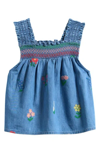 Mini Boden Kids' Embroidered Smocked Tank In Blue