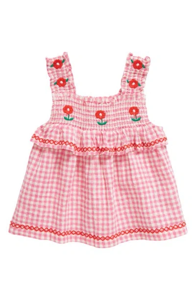 Mini Boden Kids' Embroidered Smocked Top In Pink Gingham