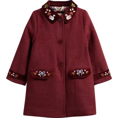 Mini Boden Kids' Embroidered Wool Blend Coat In Burgundy