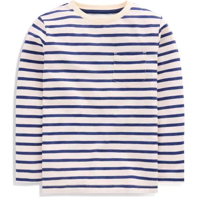 Mini Boden Kids' Everyday Long Sleeve Cotton Pocket T-shirt In Soft Ivory/college Navy